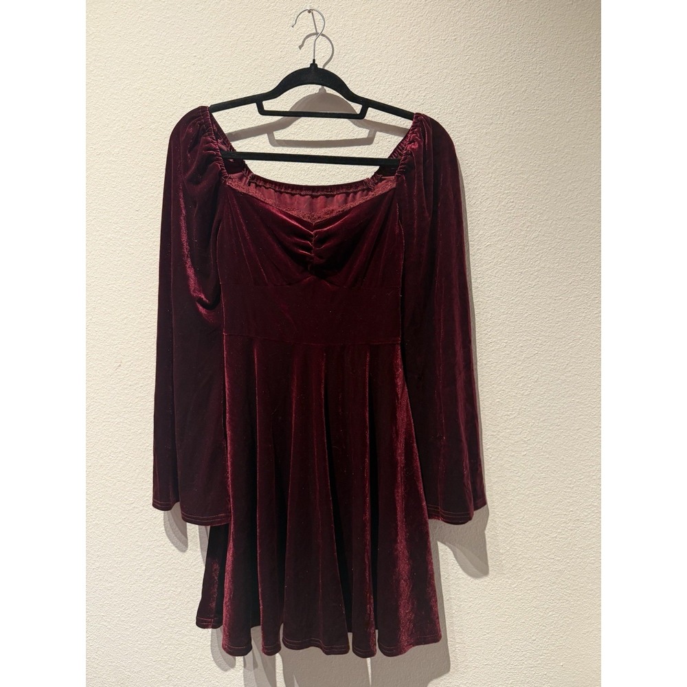 Y2K Burgundy Babydoll Long Bell Sleeves Velvet Whimsigoth Dress Fairy Grunge Med